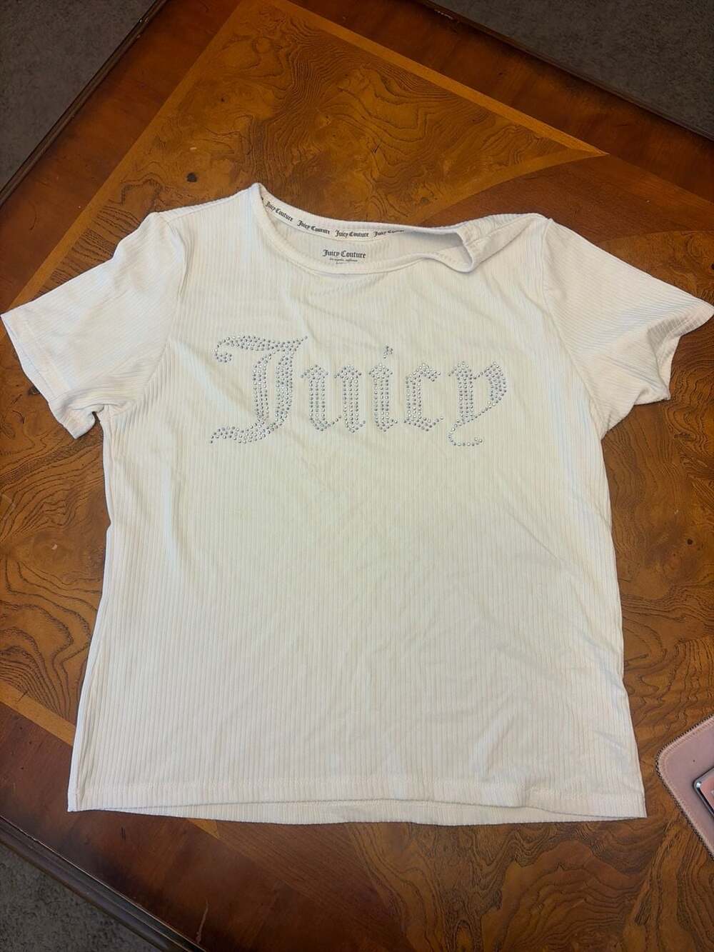 Juicy Couture White Ribbed Rhinestone Logo Sleep T-Shirt